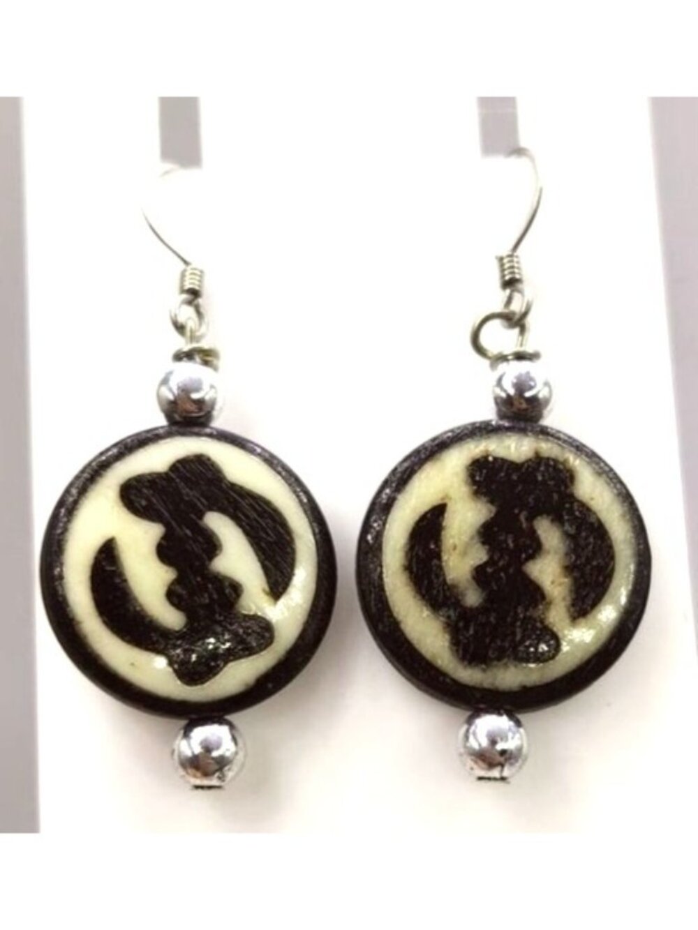 Round Dangle Earrings, Cream & Brown Colored Silver Tone Bead Accent